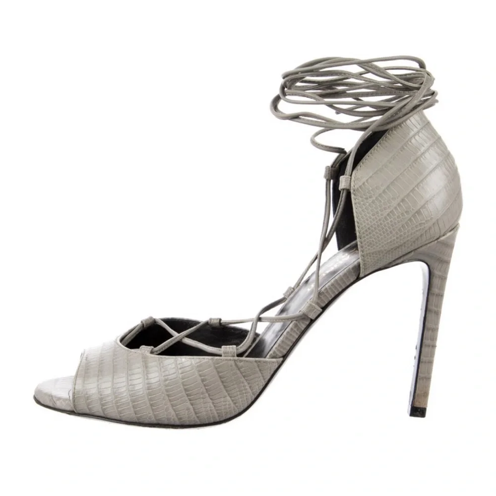 Saint Laurent Embossed Leather Gladiator Open Toe Heels Gray lace up ankle Wrap - Picture 2 of 10